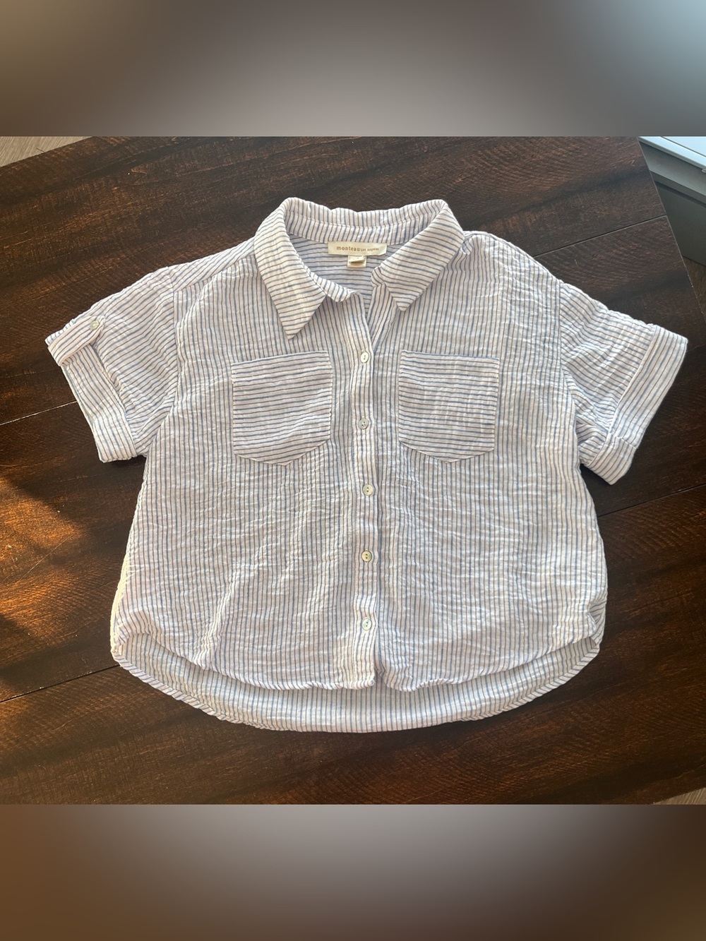 Monteau Los Angeles Blue and White Striped Button Down Blouse